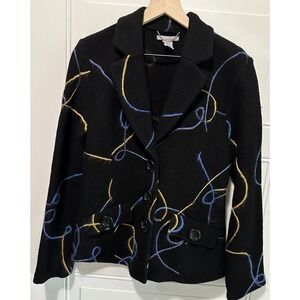 Deed Collection 100% Wool Fuzzy Black Colorful Accents Woman's Blazer Button‎ Up